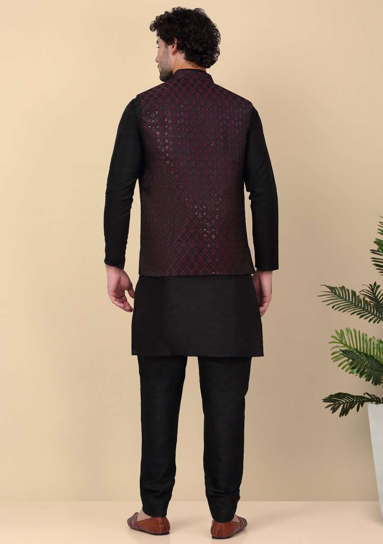 Black And Purple Embroidered Silk Blend Nehru Jacket Set For Men - Indya