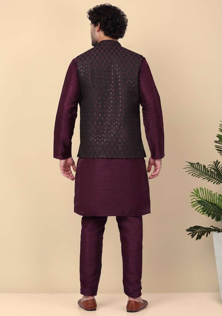 Purple Embroidered Silk Blend Nehru Jacket Set For Men - Indya