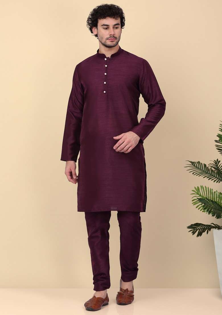 Purple Embroidered Silk Blend Nehru Jacket Set For Men - Indya