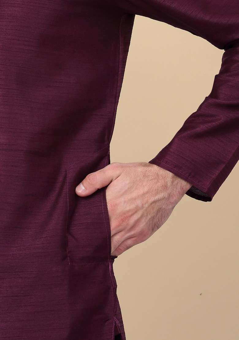 Purple Embroidered Silk Blend Nehru Jacket Set For Men - Indya
