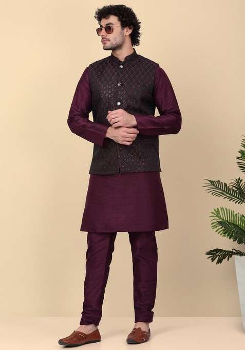 Purple Embroidered Silk Blend Nehru Jacket Set For Men
