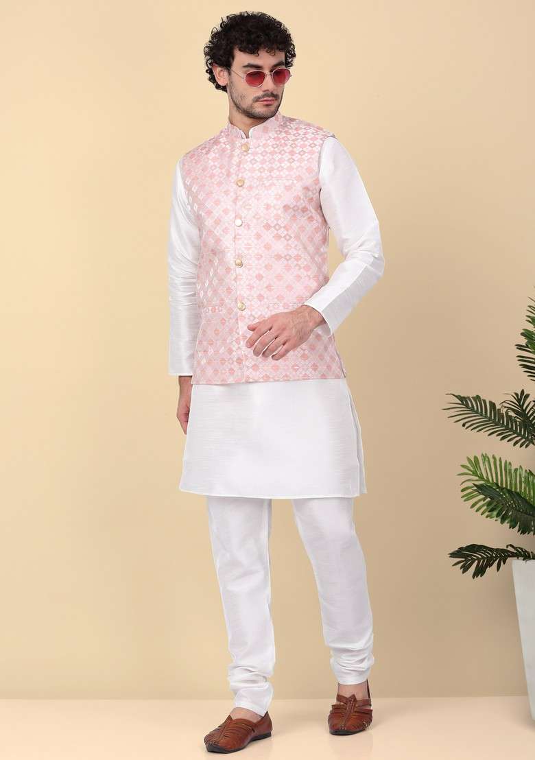 Cream And Peach Woven Design Silk Blend Nehru Jacket Set For Men - Indya