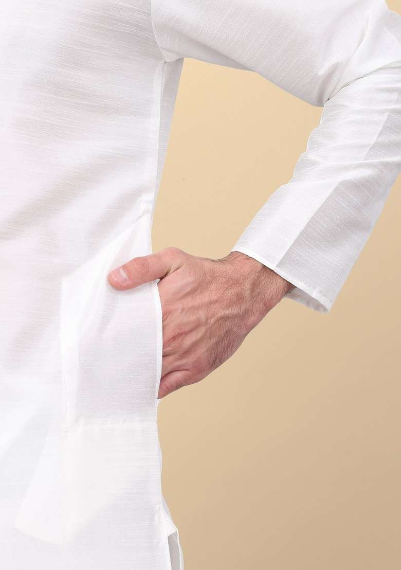 Cream And Peach Woven Design Silk Blend Nehru Jacket Set For Men - Indya