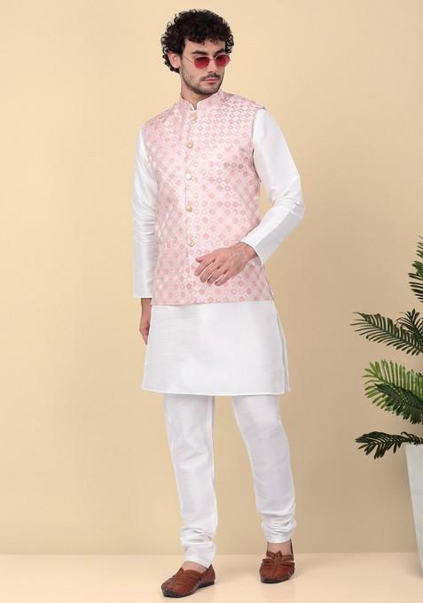 Cream And Peach Woven Design Silk Blend Nehru Jacket Set For Men