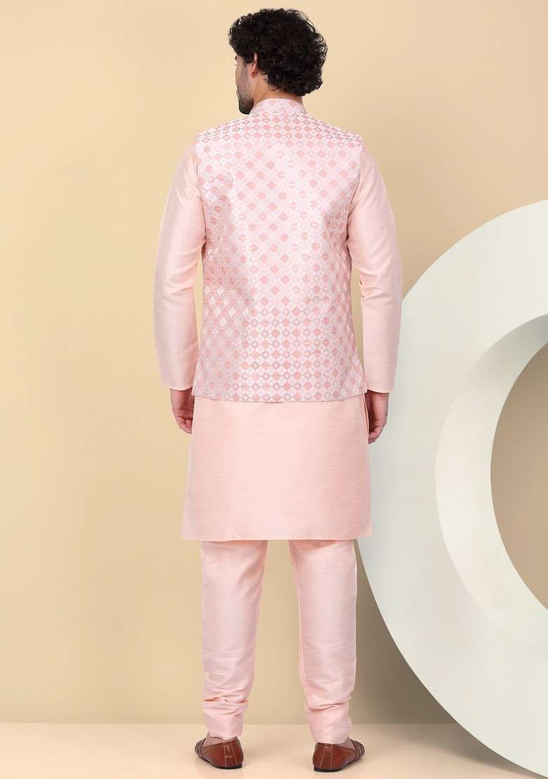 Peach Woven Design Silk Blend Nehru Jacket Set For Men - Indya