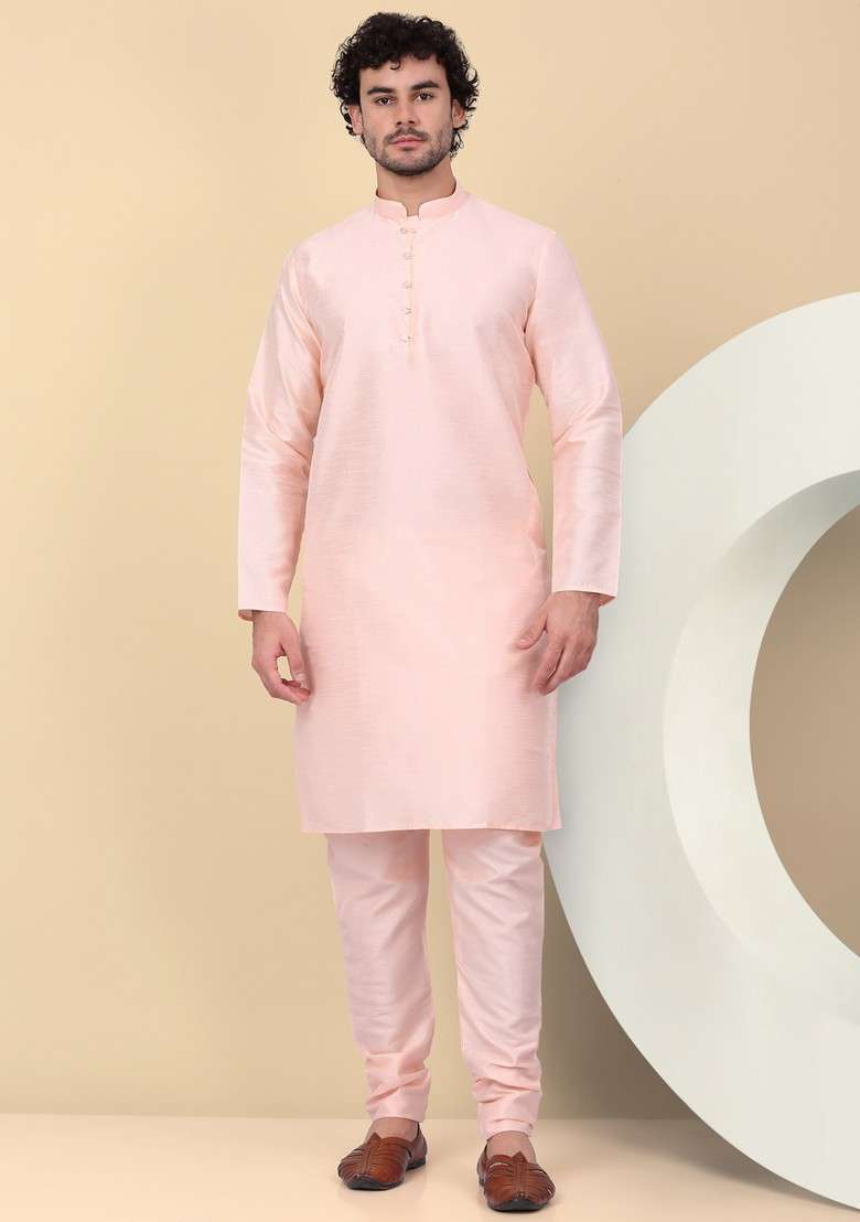 Peach Woven Design Silk Blend Nehru Jacket Set For Men - Indya