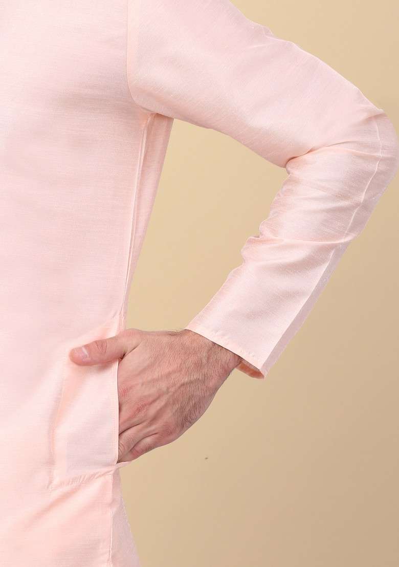 Peach Woven Design Silk Blend Nehru Jacket Set For Men - Indya
