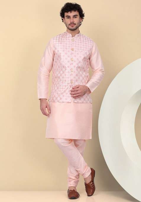 Peach Woven Design Silk Blend Nehru Jacket Set For Men
