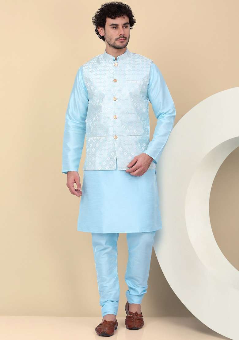 Blue Woven Design Silk Blend Nehru Jacket Set For Men - Indya