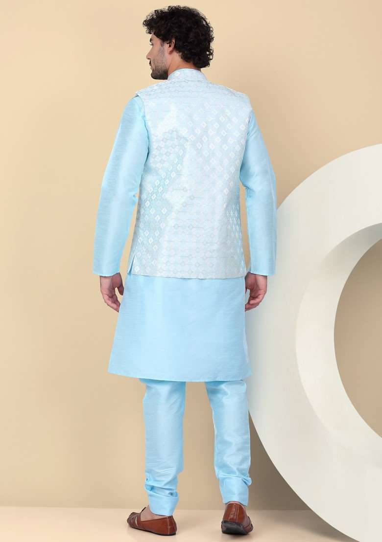 Blue Woven Design Silk Blend Nehru Jacket Set For Men - Indya