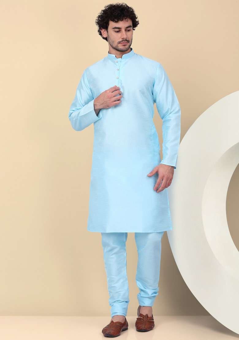 Blue Woven Design Silk Blend Nehru Jacket Set For Men - Indya