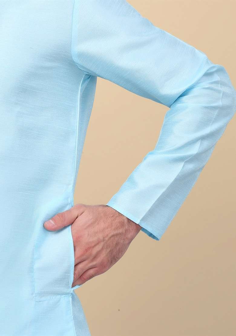 Blue Woven Design Silk Blend Nehru Jacket Set For Men - Indya