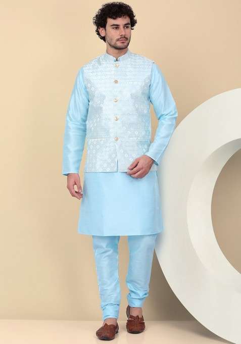 Blue Woven Design Silk Blend Nehru Jacket Set For Men