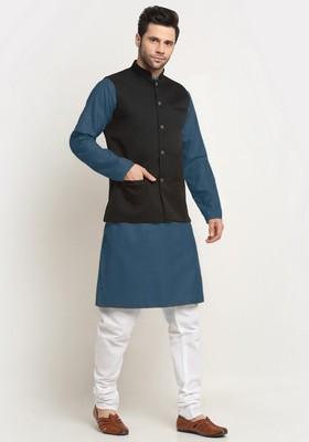 Blue And Black Solid Cotton Blend Nehru Jacket Set For Men