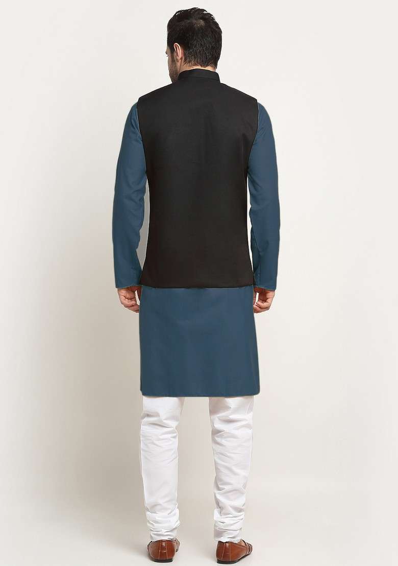 Blue And Black Solid Cotton Blend Nehru Jacket Set For Men - Indya