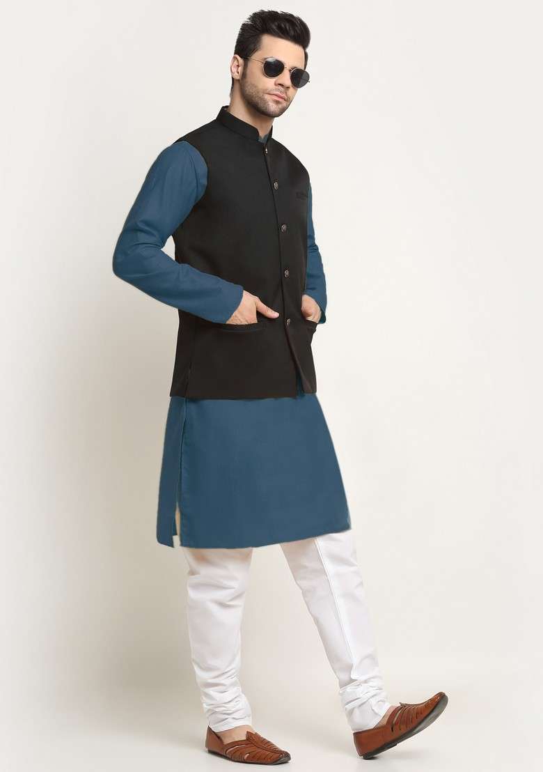 Blue And Black Solid Cotton Blend Nehru Jacket Set For Men - Indya