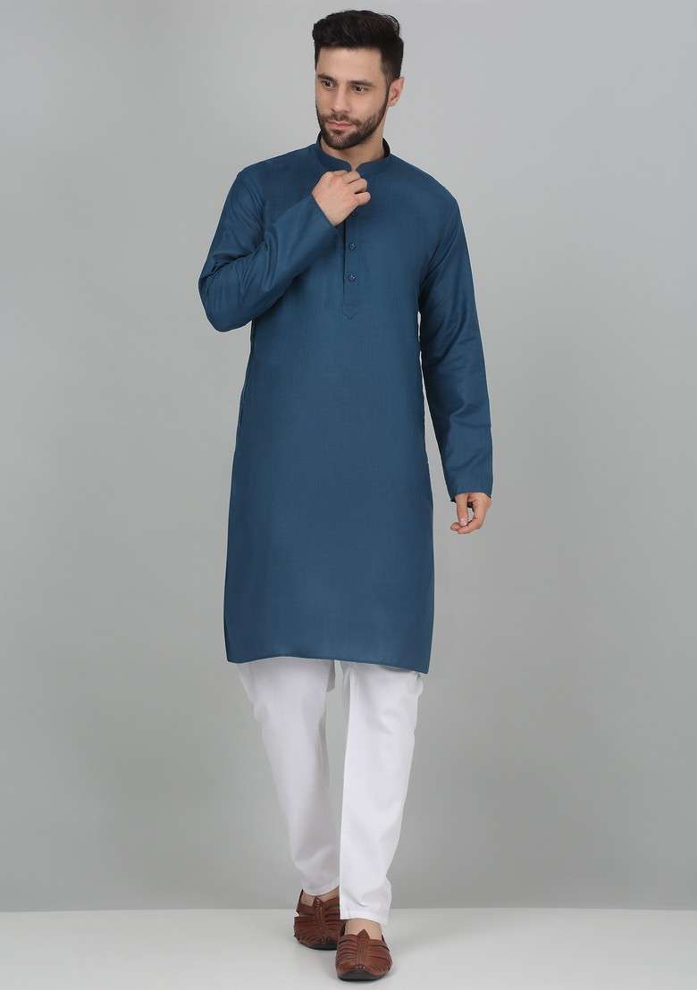 Blue And Black Solid Cotton Blend Nehru Jacket Set For Men - Indya
