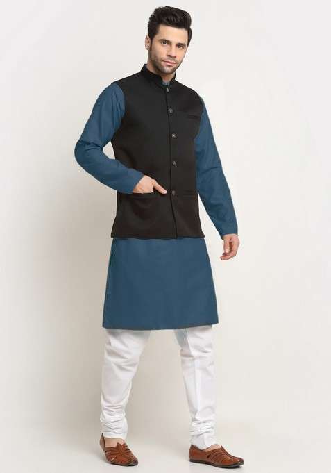 Blue And Black Solid Cotton Blend Nehru Jacket Set For Men