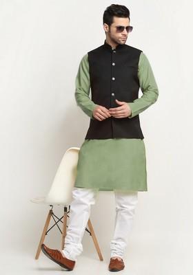 Green And Black Solid Cotton Blend Nehru Jacket Set For Men