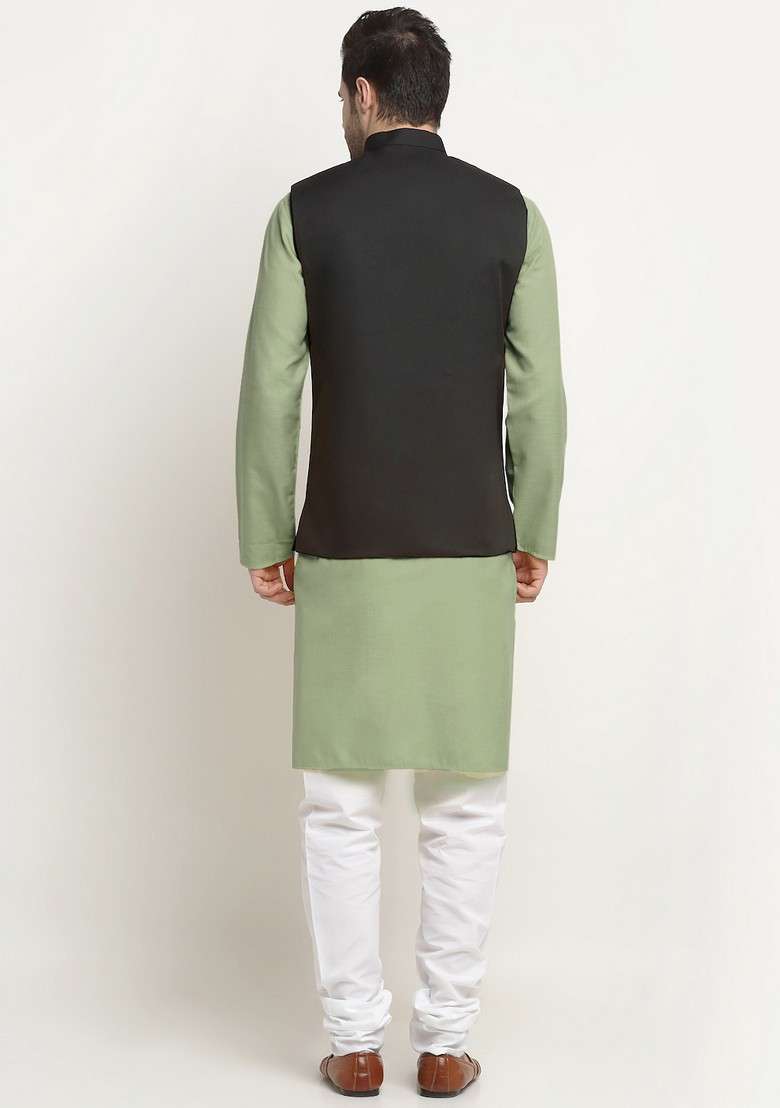 Green And Black Solid Cotton Blend Nehru Jacket Set For Men - Indya