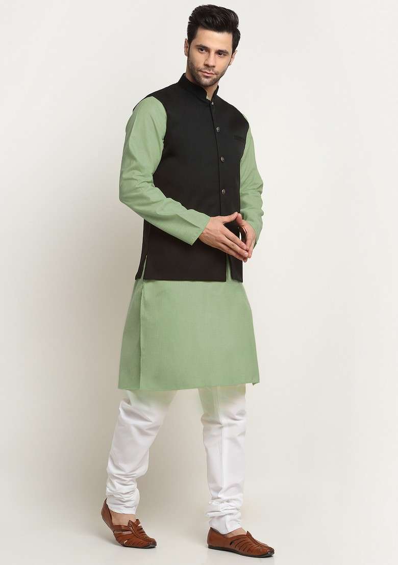 Green And Black Solid Cotton Blend Nehru Jacket Set For Men - Indya