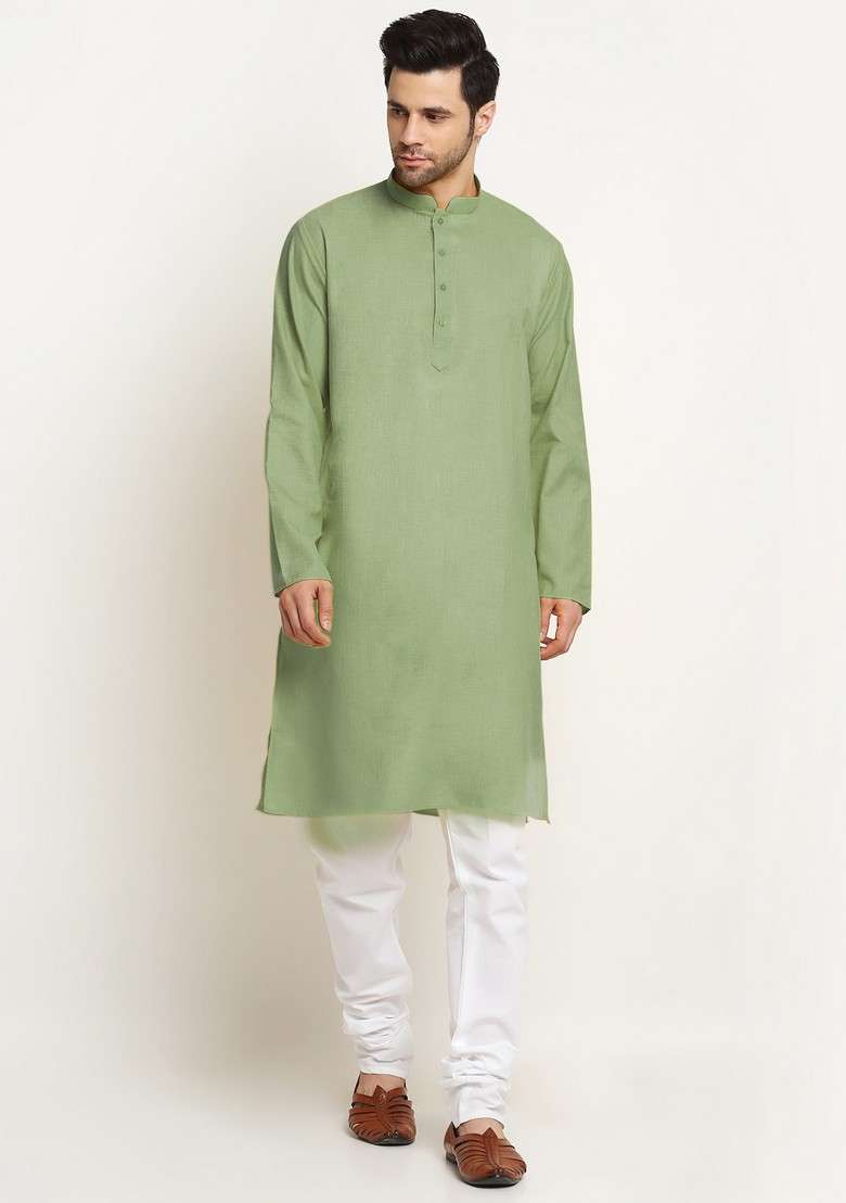Green And Black Solid Cotton Blend Nehru Jacket Set For Men - Indya