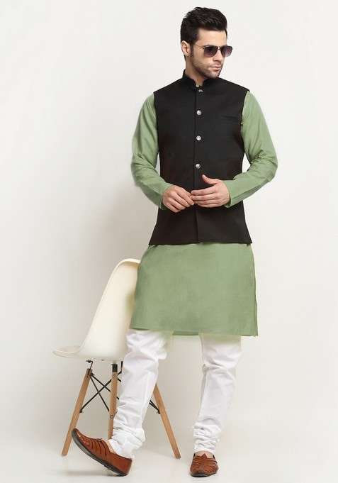 Green And Black Solid Cotton Blend Nehru Jacket Set For Men