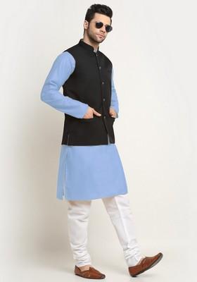 Sky Blue And Black Solid Cotton Blend Nehru Jacket Set For Men