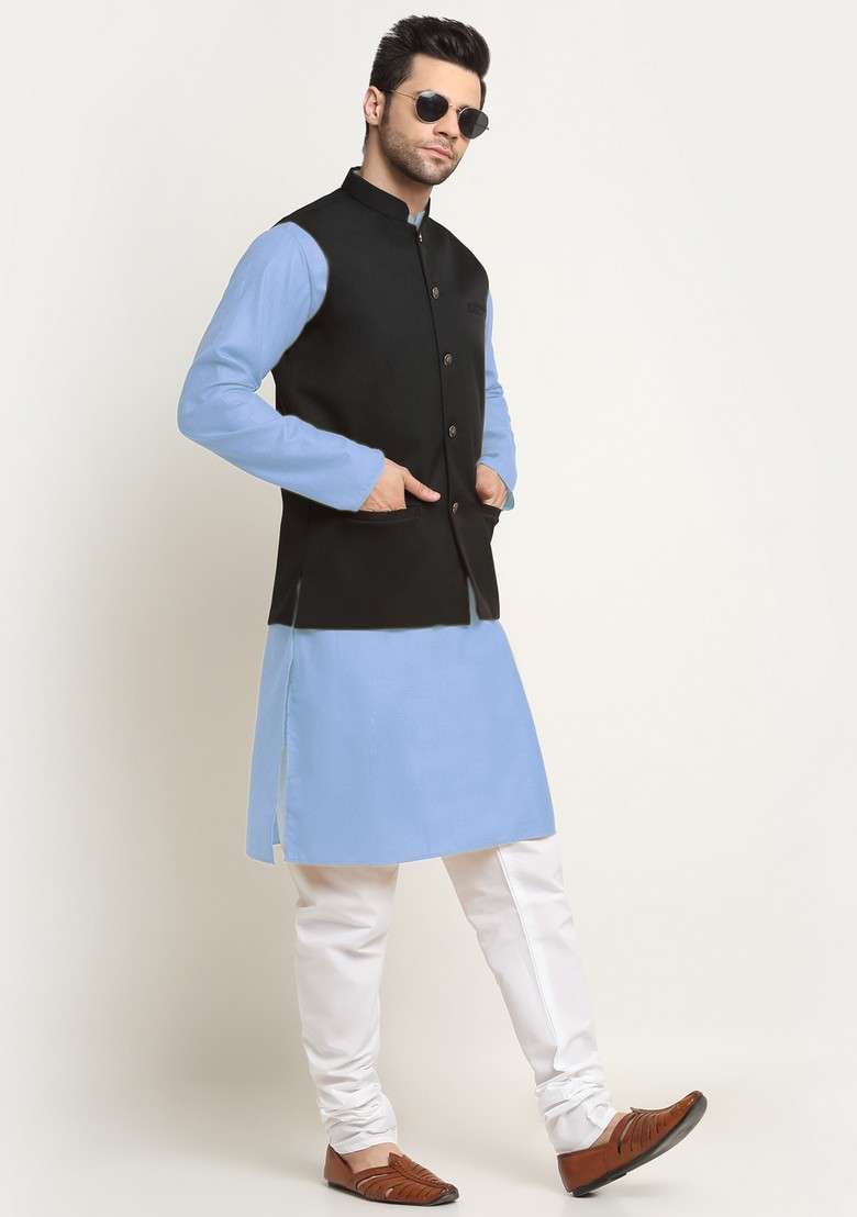 Sky Blue And Black Solid Cotton Blend Nehru Jacket Set For Men - Indya