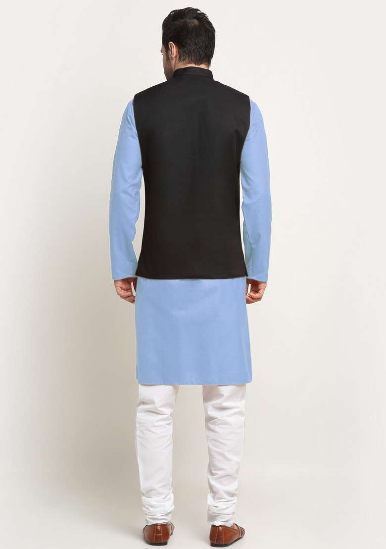 Sky Blue And Black Solid Cotton Blend Nehru Jacket Set For Men - Indya