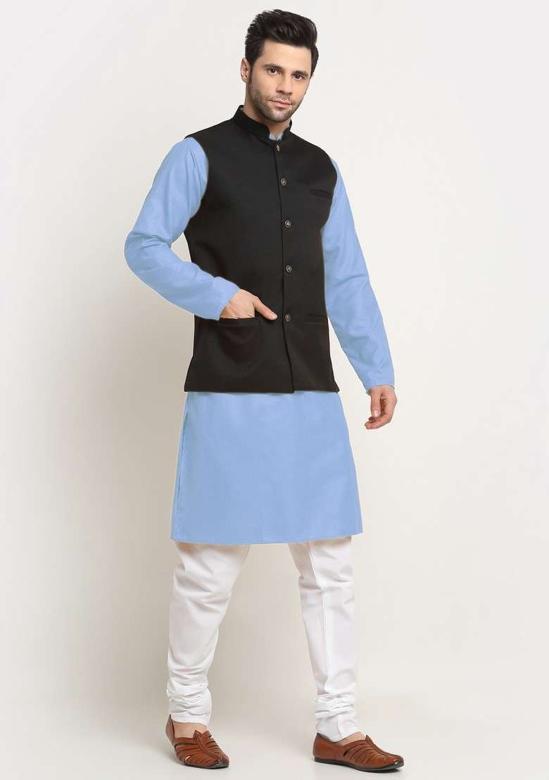 Sky Blue And Black Solid Cotton Blend Nehru Jacket Set For Men - Indya