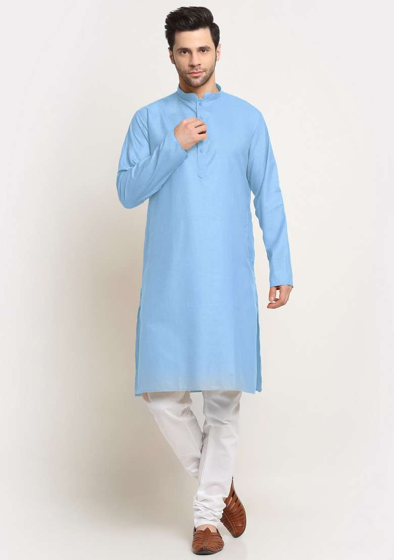 Sky Blue And Black Solid Cotton Blend Nehru Jacket Set For Men - Indya