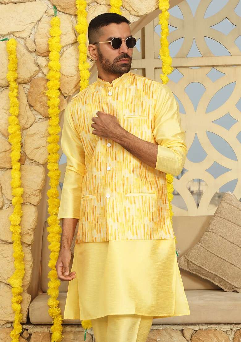 Yellow Printed Silk Blend Nehru Jacket Set For Men - Indya