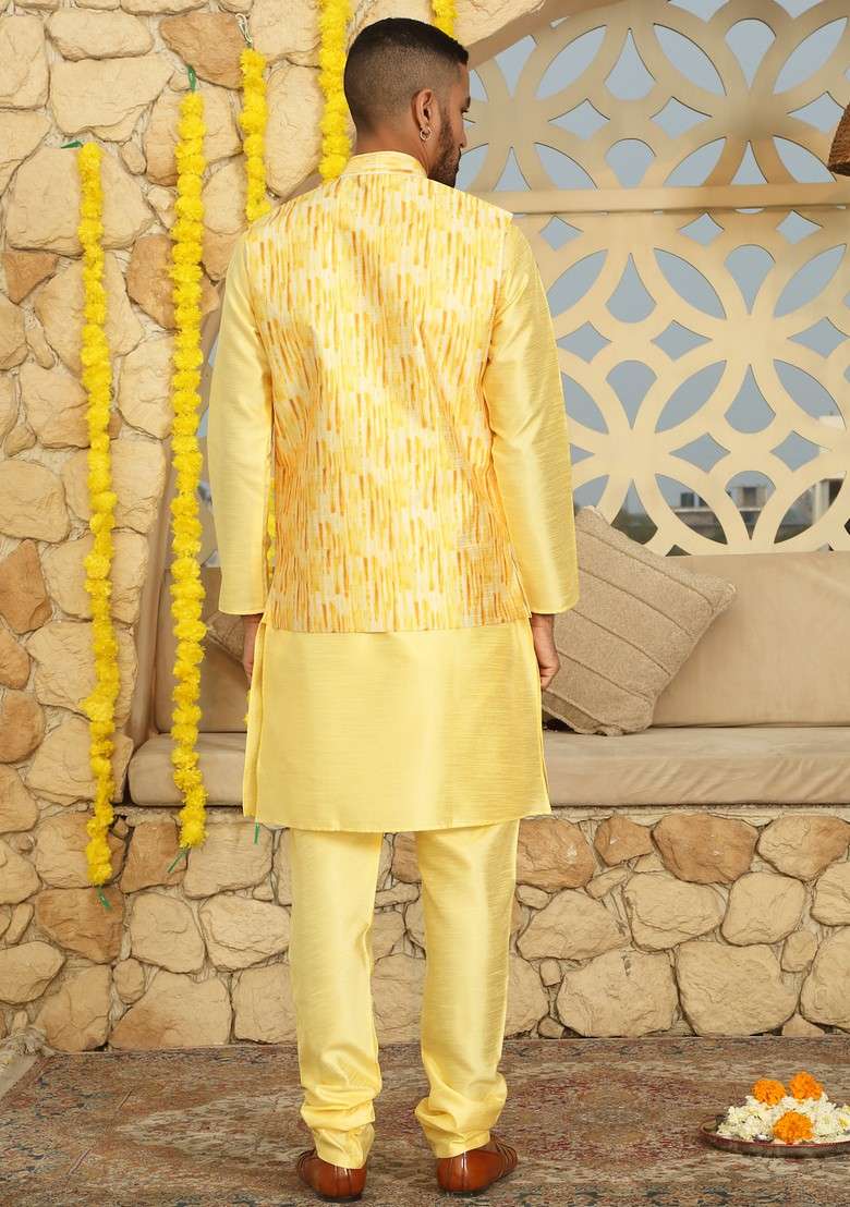 Yellow Printed Silk Blend Nehru Jacket Set For Men - Indya
