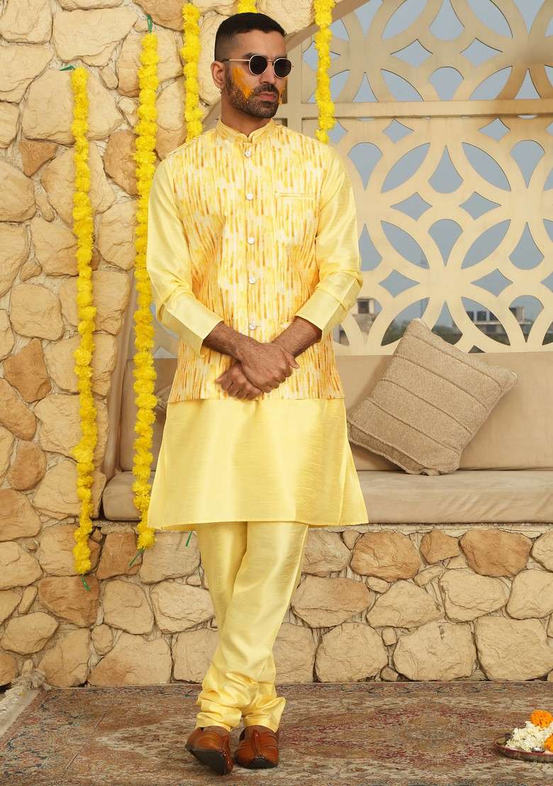 Yellow Printed Silk Blend Nehru Jacket Set For Men - Indya