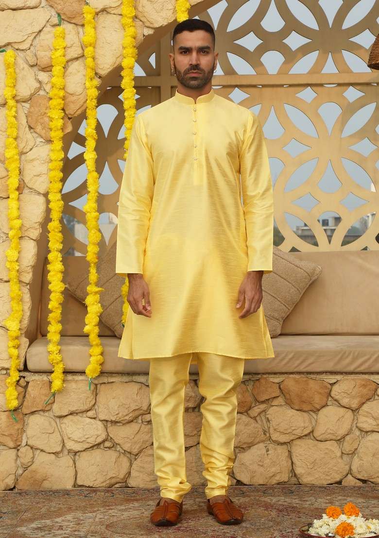 Yellow Printed Silk Blend Nehru Jacket Set For Men - Indya