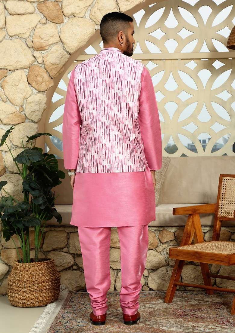 Pink And Wine Printed Silk Blend Nehru Jacket Set For Men - Indya