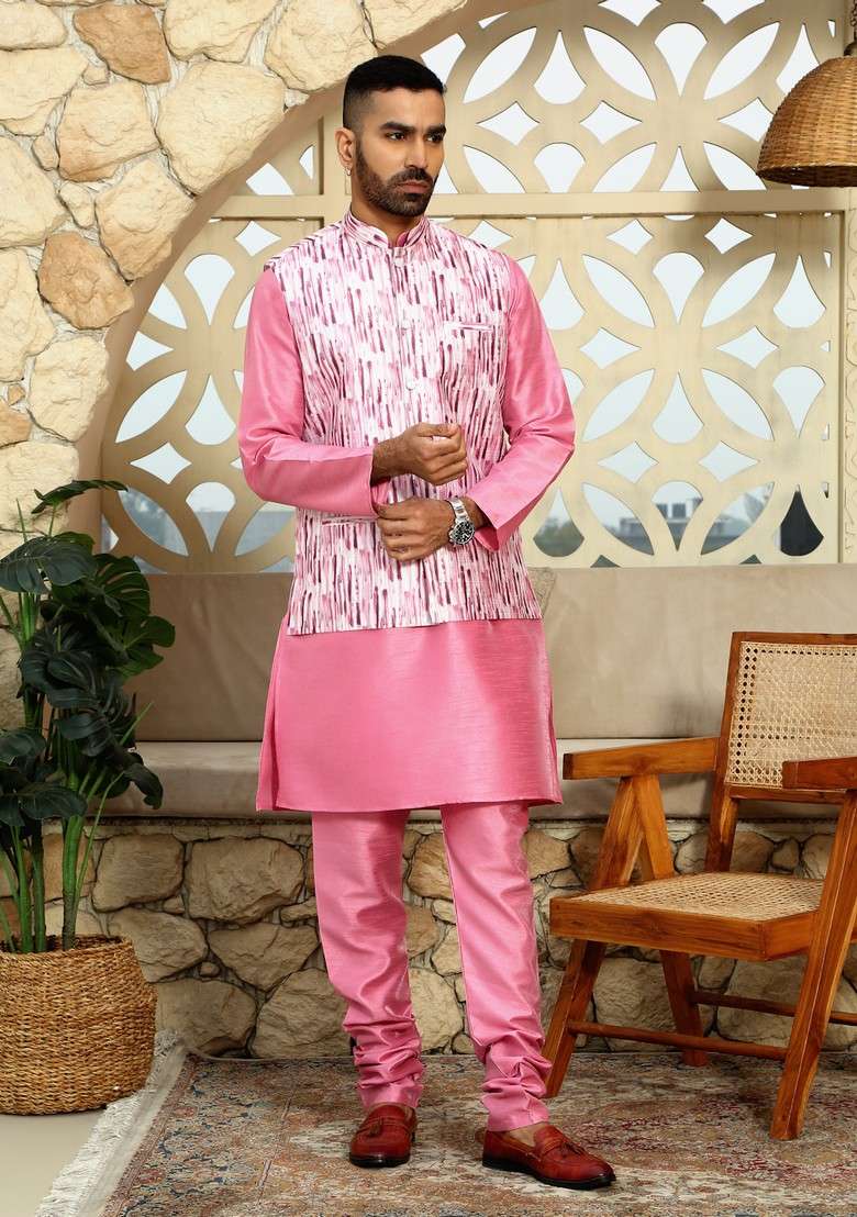 Pink And Wine Printed Silk Blend Nehru Jacket Set For Men - Indya