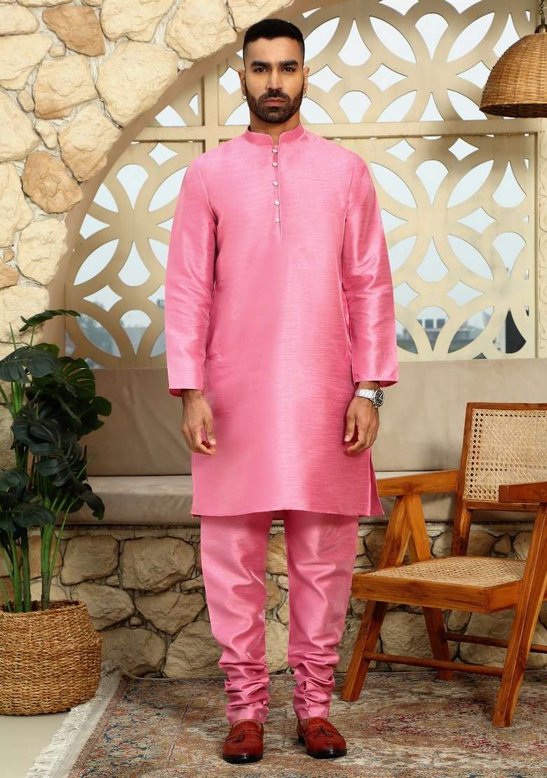 Pink And Wine Printed Silk Blend Nehru Jacket Set For Men - Indya