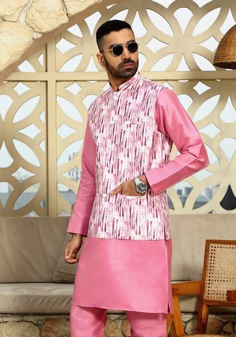 Pink And Wine Printed Silk Blend Nehru Jacket Set For Men