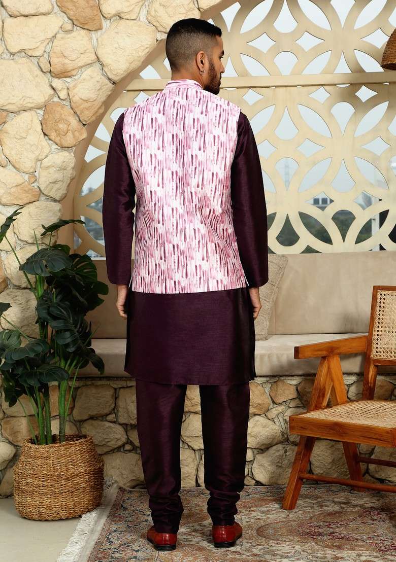 Wine Printed Silk Blend Nehru Jacket Set For Men - Indya