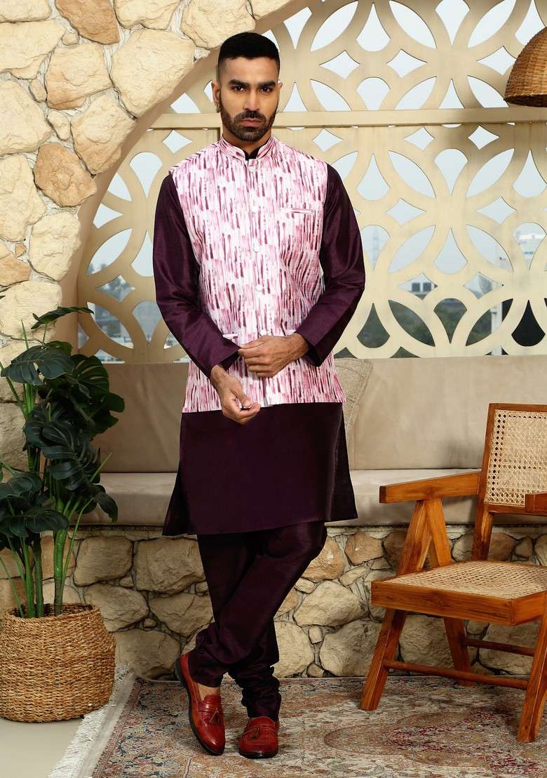 Wine Printed Silk Blend Nehru Jacket Set For Men - Indya