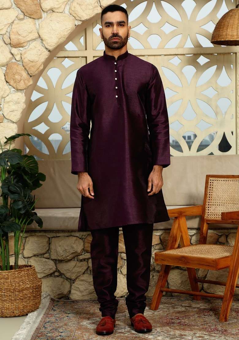 Wine Printed Silk Blend Nehru Jacket Set For Men - Indya