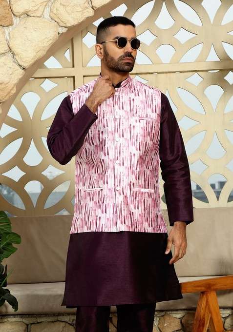 Wine Printed Silk Blend Nehru Jacket Set For Men