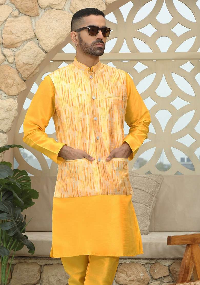 Yellow Printed Silk Blend Nehru Jacket Set For Men - Indya