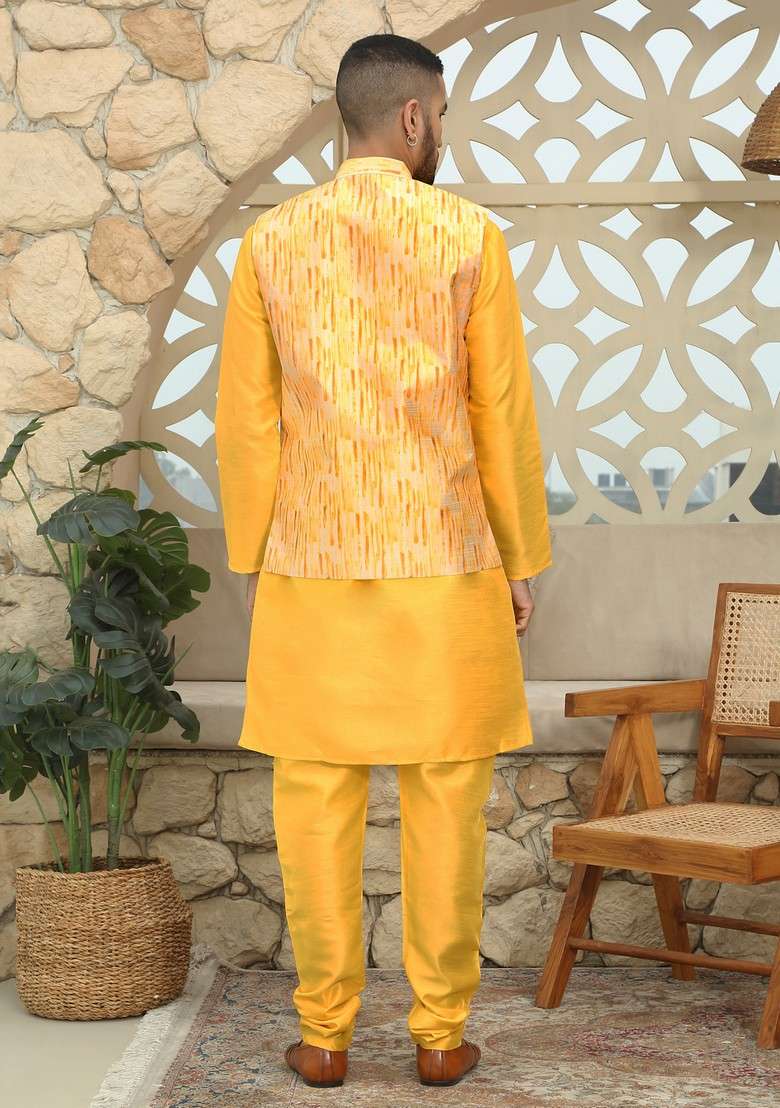 Yellow Printed Silk Blend Nehru Jacket Set For Men - Indya