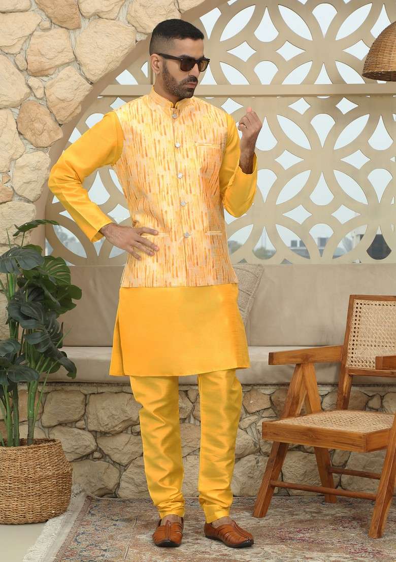 Yellow Printed Silk Blend Nehru Jacket Set For Men - Indya