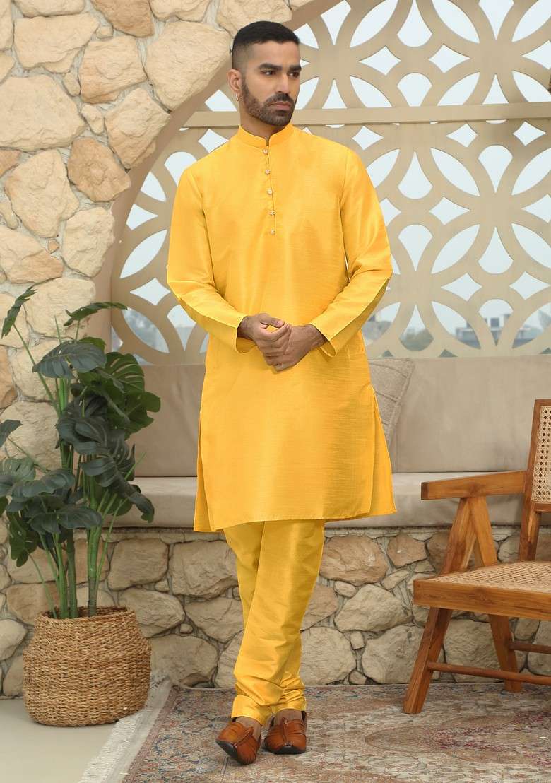 Yellow Printed Silk Blend Nehru Jacket Set For Men - Indya