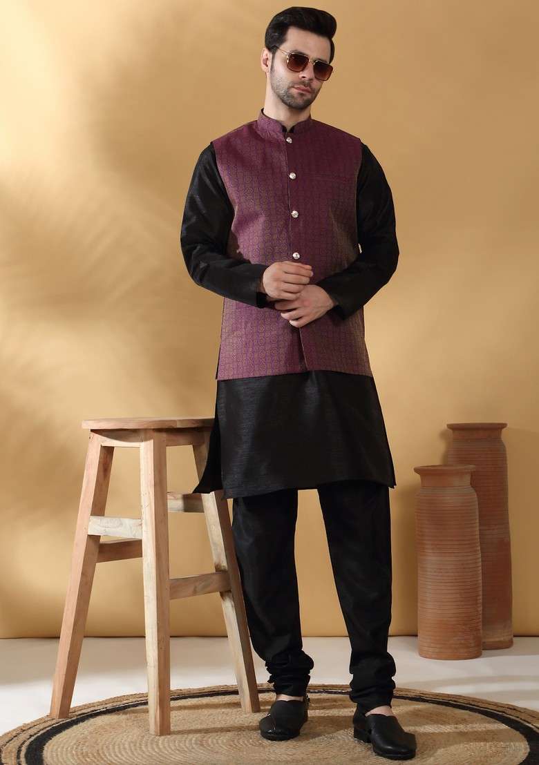Black And Purple Woven Design Silk Blend Nehru Jacket Set For Men - Indya