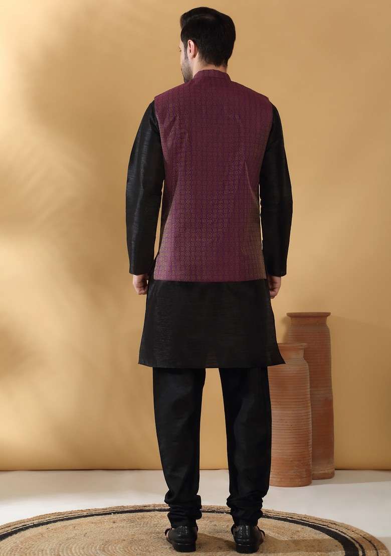 Black And Purple Woven Design Silk Blend Nehru Jacket Set For Men - Indya